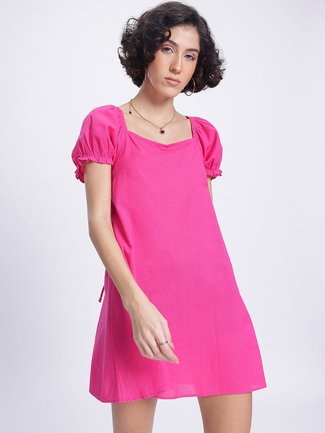 DressBerry Barbiecore Puff Sleeve Tie-Up Back A-Line Mini Dress