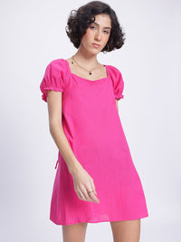 DressBerry Barbiecore Puff Sleeve Tie-Up Back A-Line Mini Dress