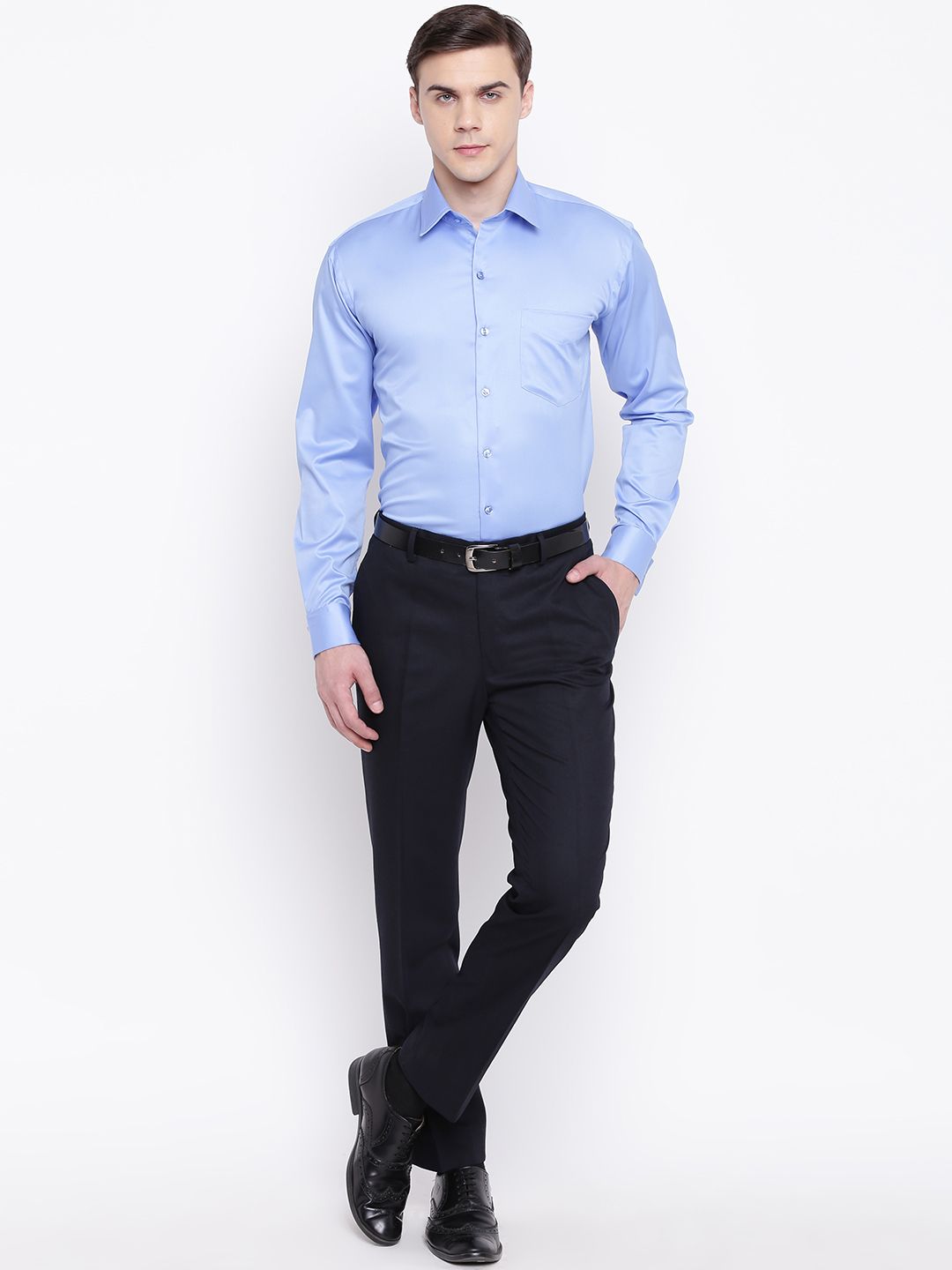 Hancock Men Blue Solid French Cuff Satin Slim Fit Pure Cotton Formal Shirt