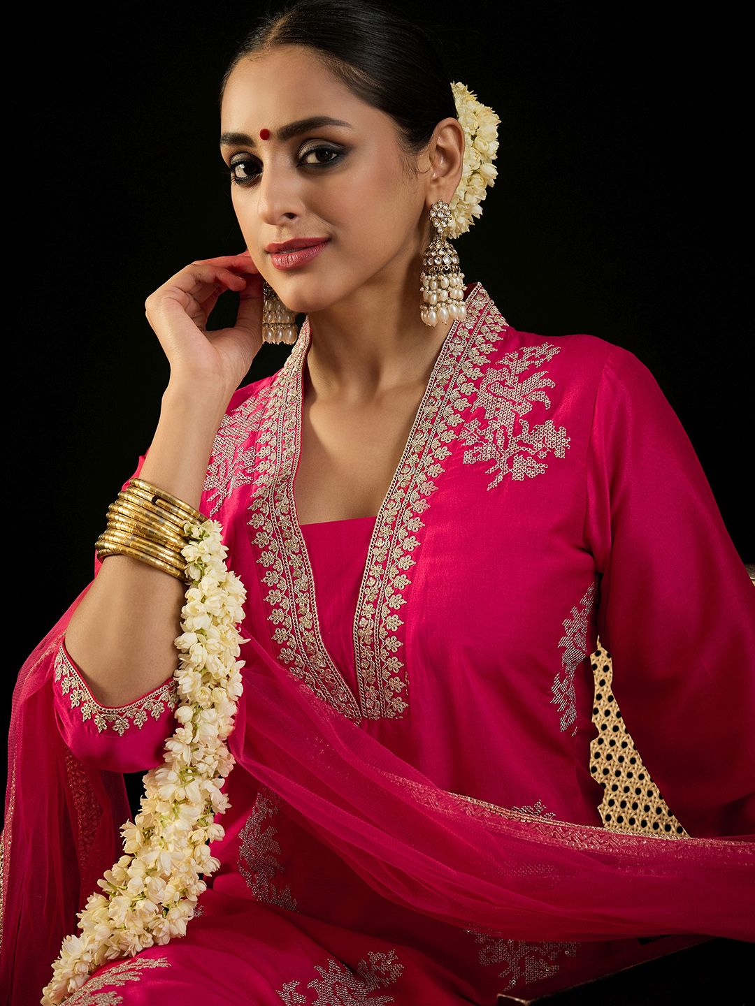 Indo Era V Neck Ethnic Motifs Embroidered Sequinned Kurta with Trouser & Dupatta