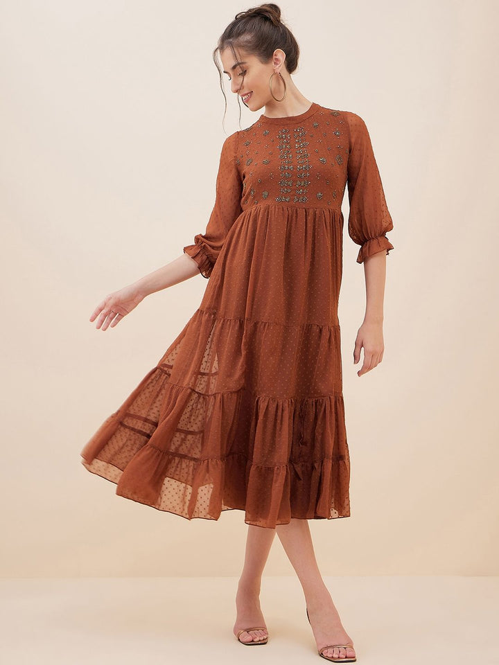Antheaa Brown Dobby Woven Embellished Maxi Tiered Dress
