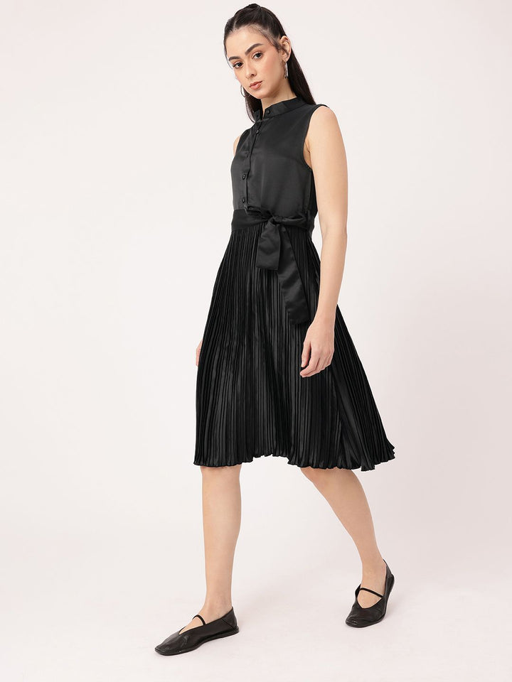 DressBerry Satin Sophistication Accordion Pleated Bow Detailed A-line Dress