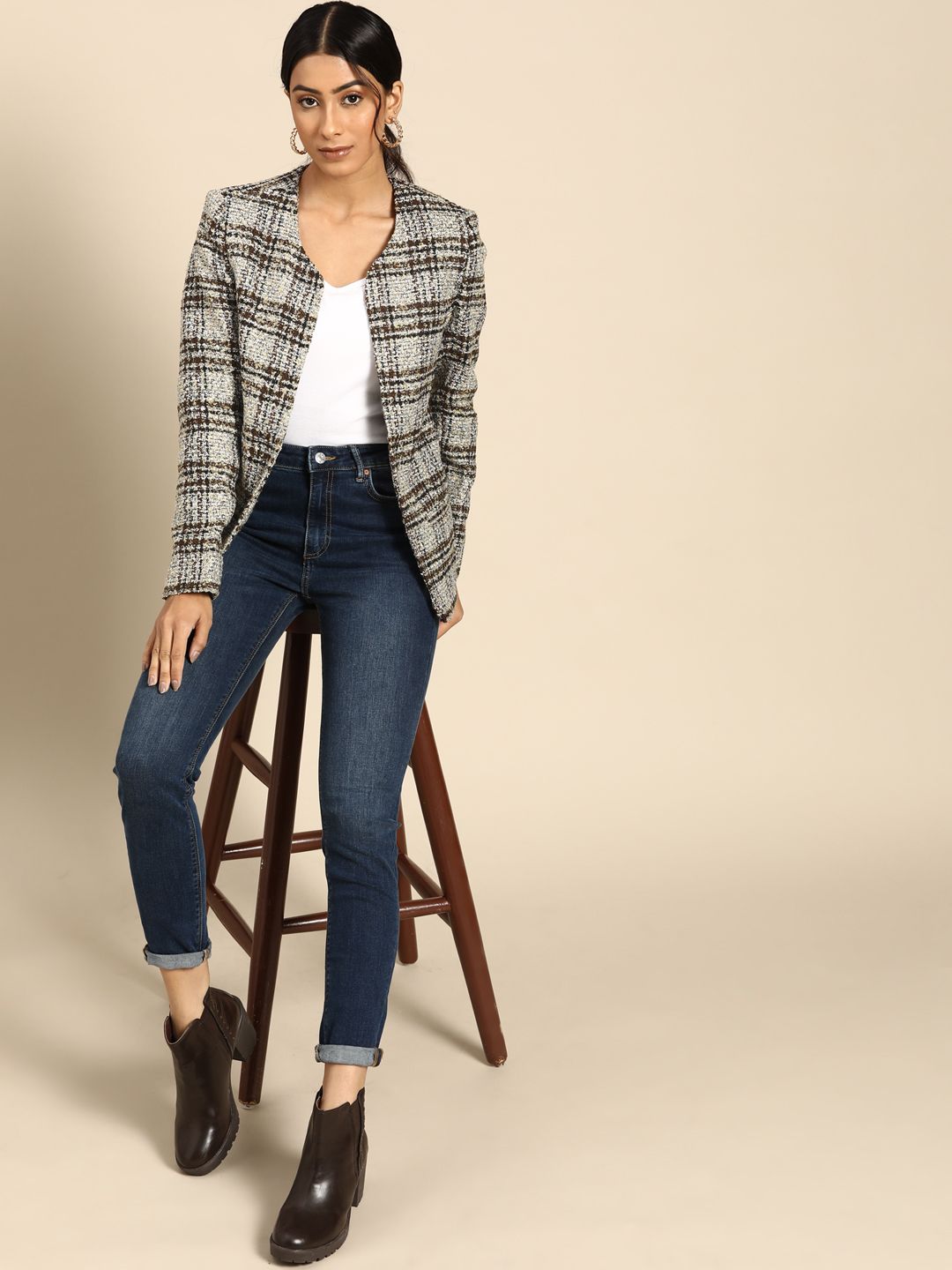 all about you Women Brown White Checked Open Front Jacket