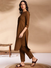 Anouk Olive Round Neck Straight Curved Pleated Kurta With Trouser