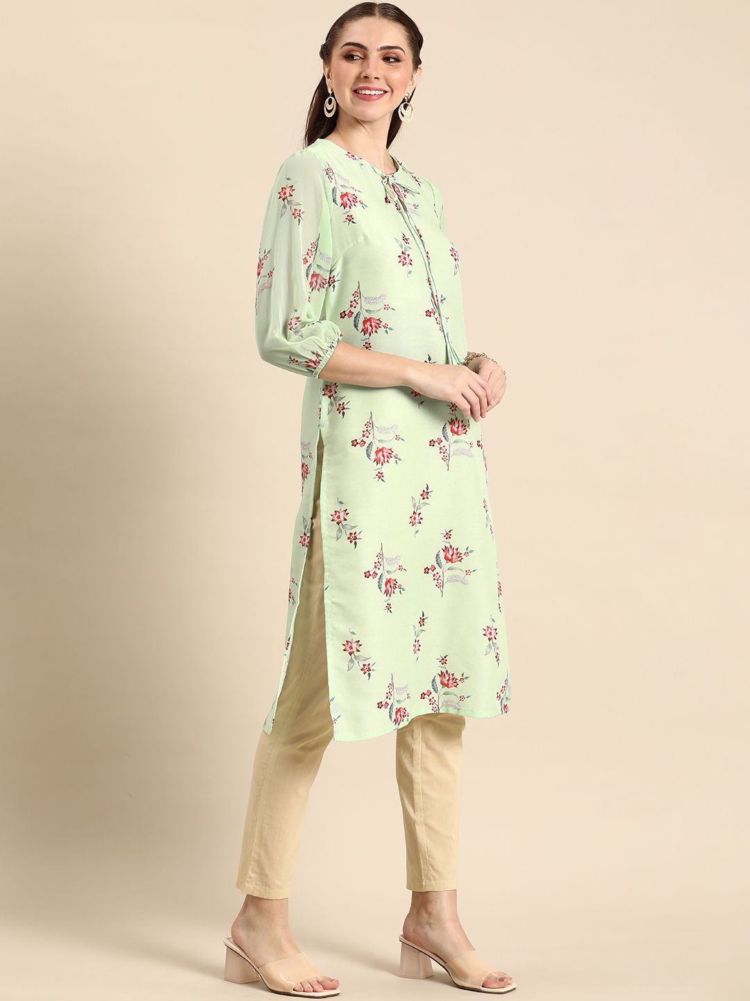 Anouk Floral Printed Tie-up Neck Kurta
