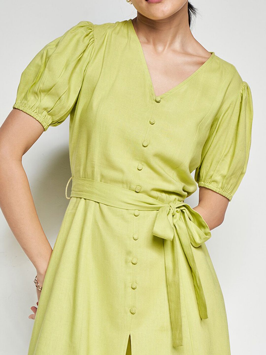 AND Puff Sleeves V-Neck Belted Linen A-Line Dress