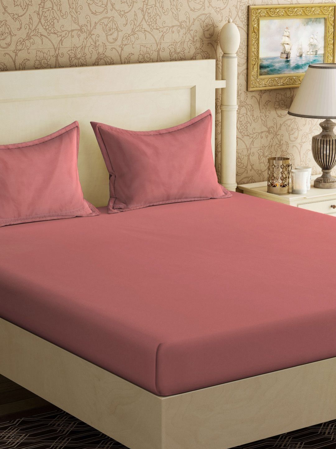 KLOTTHE Rust Solid 300 TC Cotton Blend Double King Bedsheet with 2 Pillow Covers