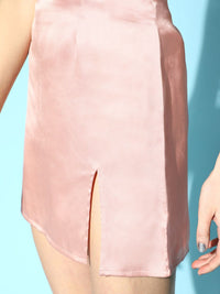 Berrylush Women Pink Solid Satin Front Slit Mini Skirt