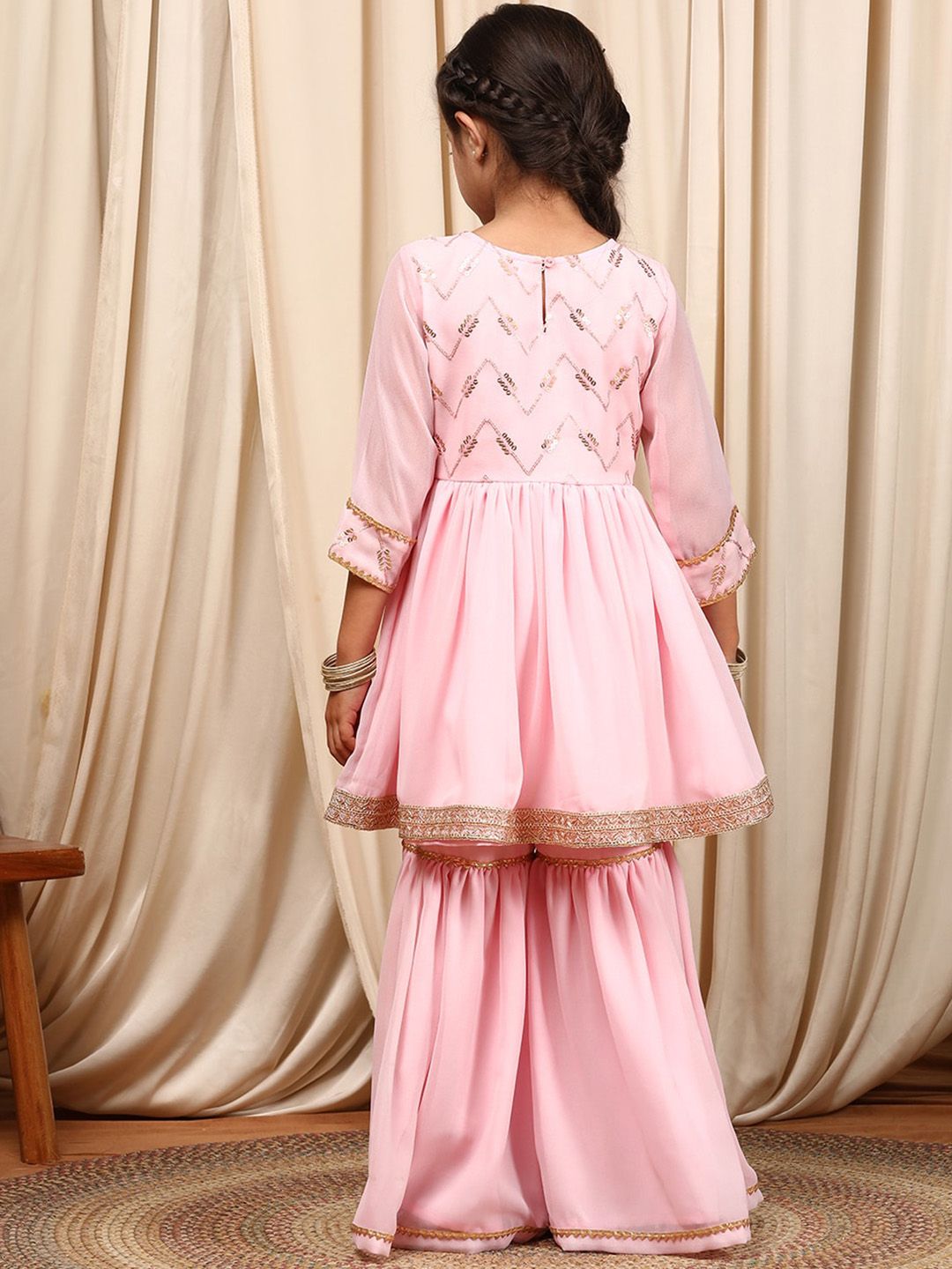 pspeaches Girls Round Neck Embroidered Sequinned Anarkali Kurti with Sharara & Dupatta
