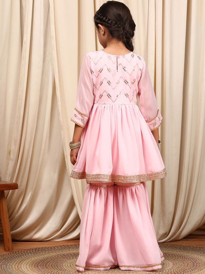 pspeaches Girls Round Neck Embroidered Sequinned Anarkali Kurti with Sharara & Dupatta