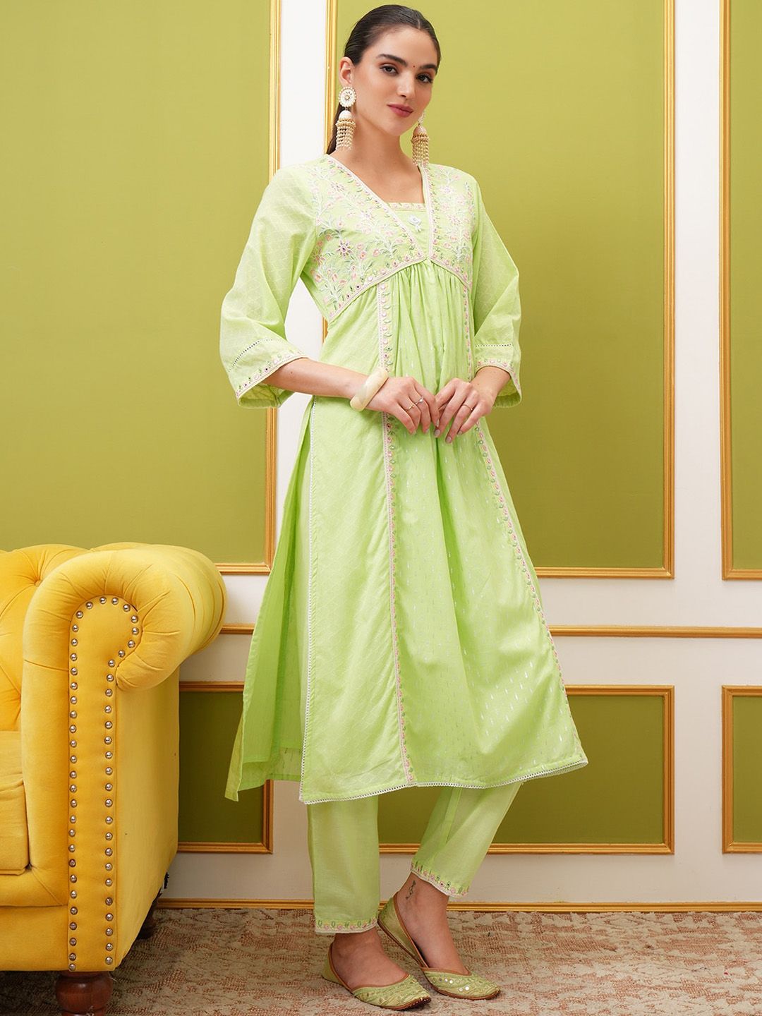 Vishudh Embroidered Pure Cotton Anarkali Kurta & Trousers With Dupatta