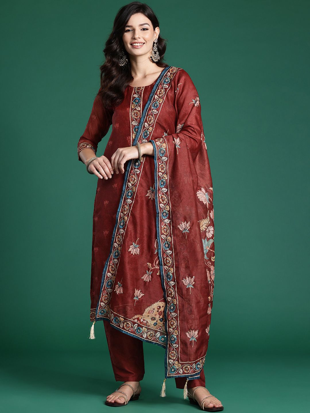 Indo Era Ethnic Motifs Embroidered Thread Work Chanderi Silk Kurta With Trousers & Dupatta