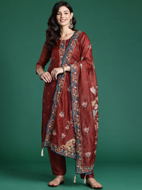 Indo Era Ethnic Motifs Embroidered Thread Work Chanderi Silk Kurta With Trousers & Dupatta