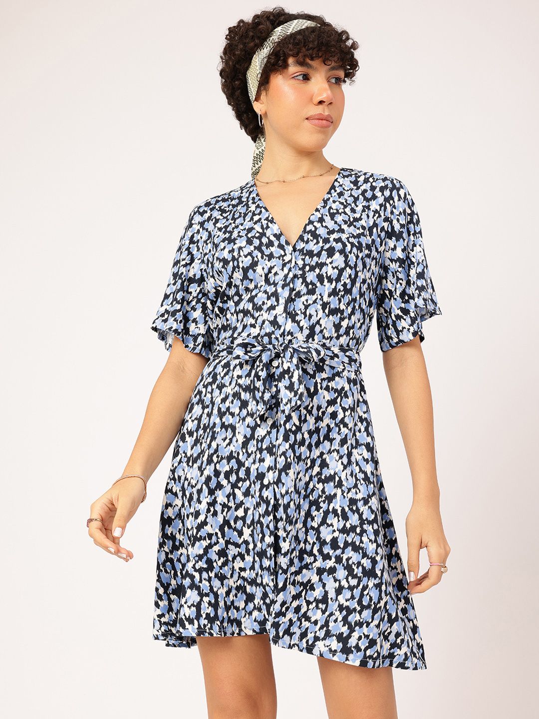 DressBerry Cottagecore Chic Printed A-Line Mini Dress with Belt