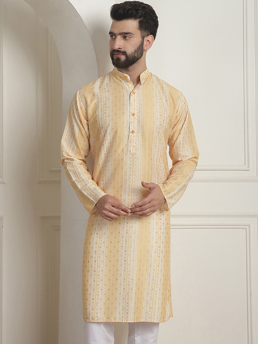 SOJANYA Striped Mandarin Collar Long Sleeves Cotton Kurta