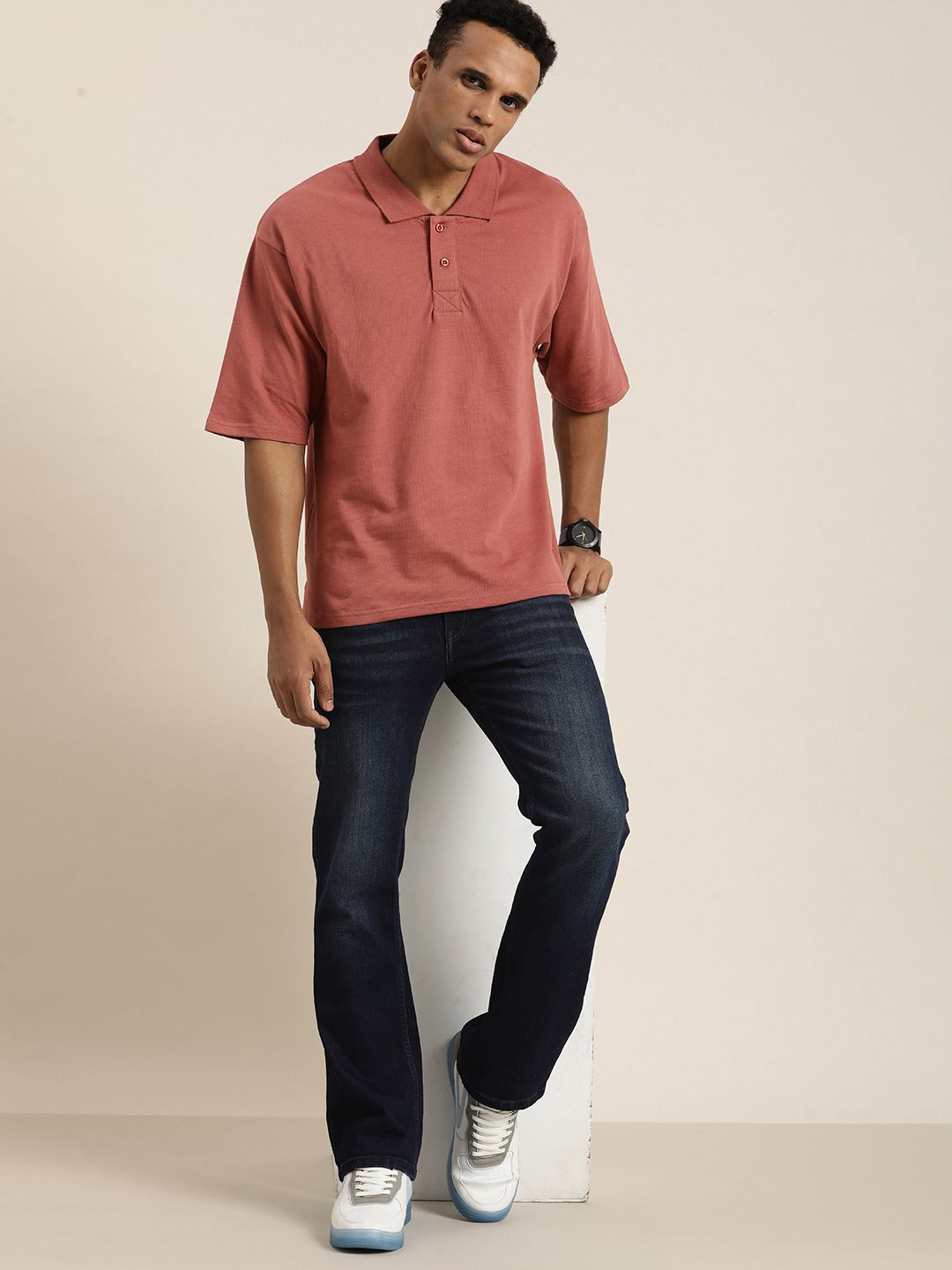 DILLINGER Men Solid Honeycomb Structure Oversized Cotton Polo T-Shirt