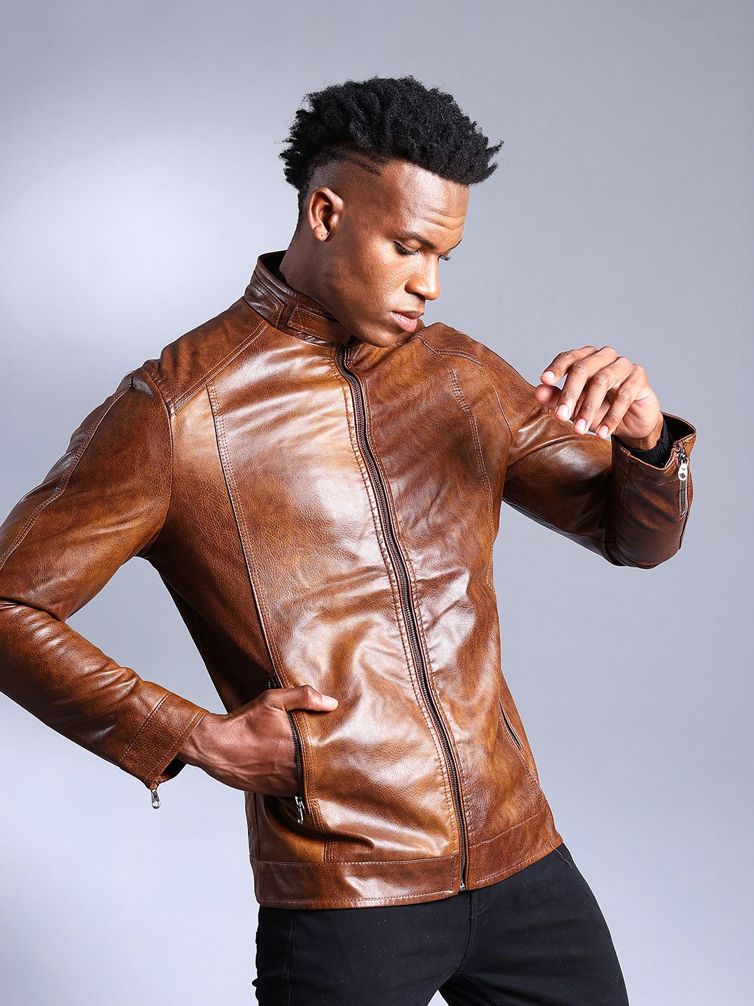 The Indian Garage Co Men Brown Solid Faux Biker Jacket