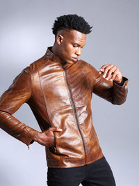 The Indian Garage Co Men Brown Solid Faux Biker Jacket