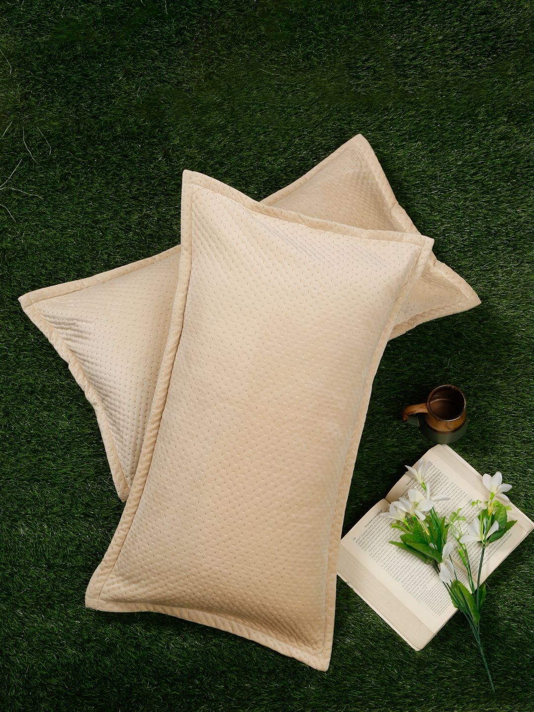 HOSTA HOMES Cream Coloured 2 Pieces Self Design Rectangle Shaped Pillow Covers
