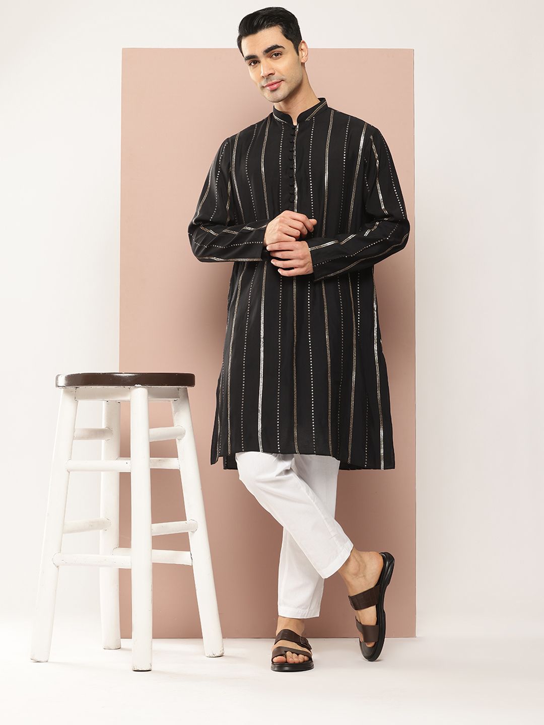 See Designs Men Embroidered Sequinned Chanderi Silk Kurta with Pyjamas