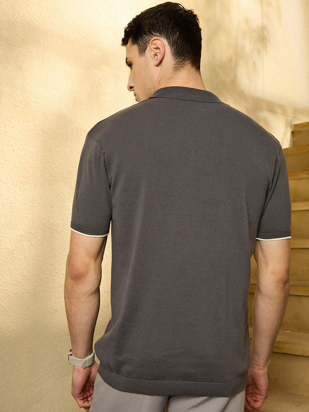 DENNISON Men Textured Polo Collar Knitted T-Shirt