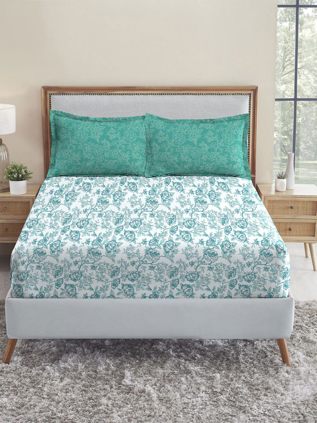 TRIDENT Juliet Blue Urban Comfort Flat 144TC Queen Cotton Bedsheet Set