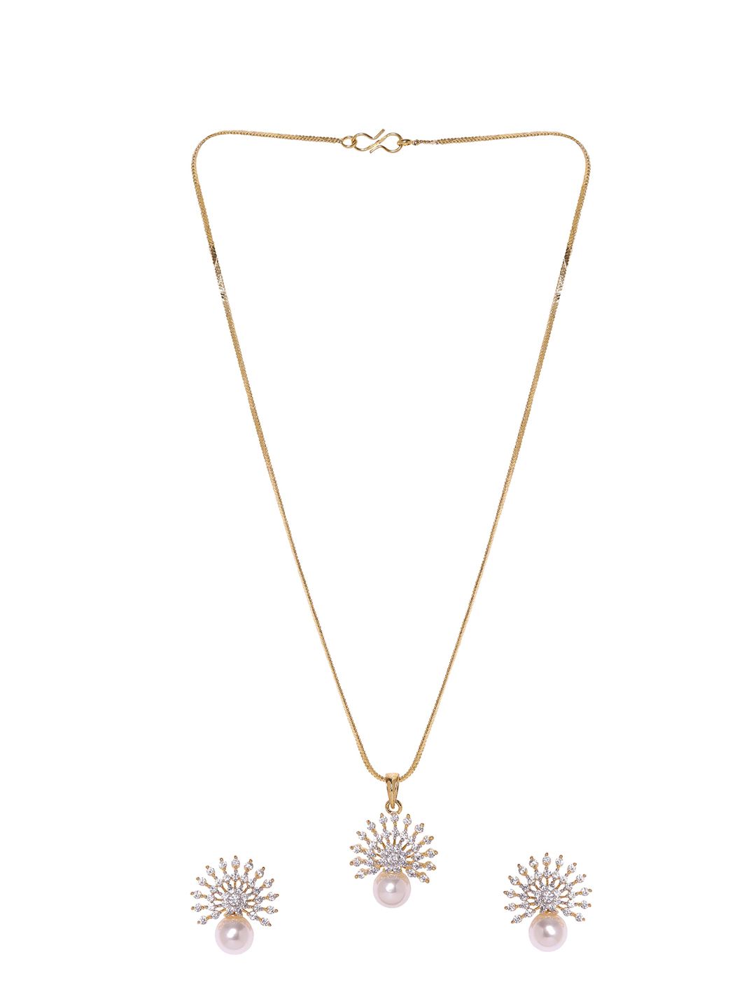 Rubans 22K Gold-Plated Cubic Zirconia and Pearl Studded Necklace Set with Sunburst Design