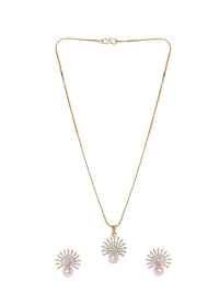 Rubans 22K Gold-Plated Cubic Zirconia and Pearl Studded Necklace Set with Sunburst Design