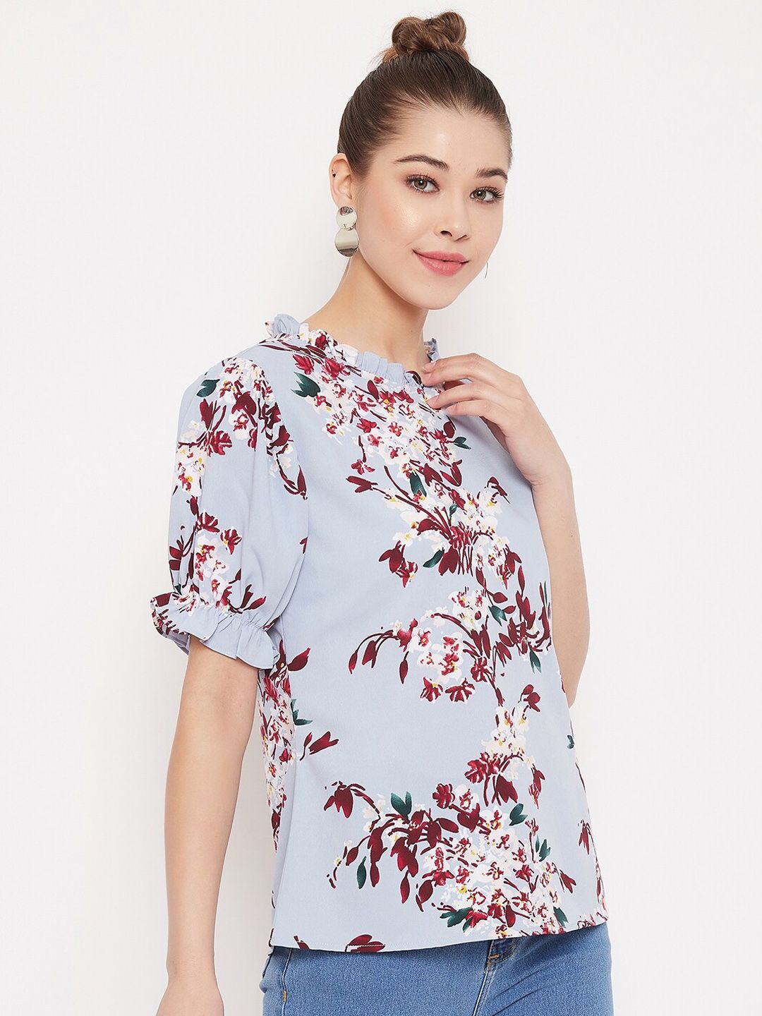 Berrylush Blue Floral Printed High Neck Top