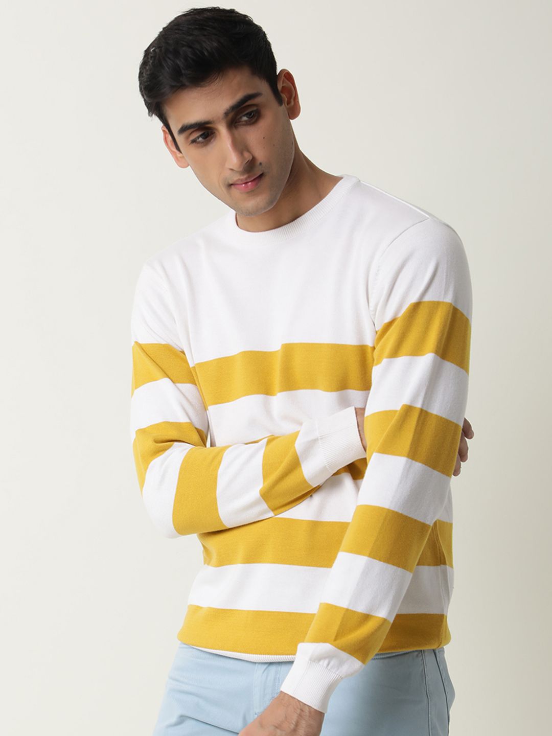 RARE RABBIT Men Marri Slim Fit White Striped Sweater