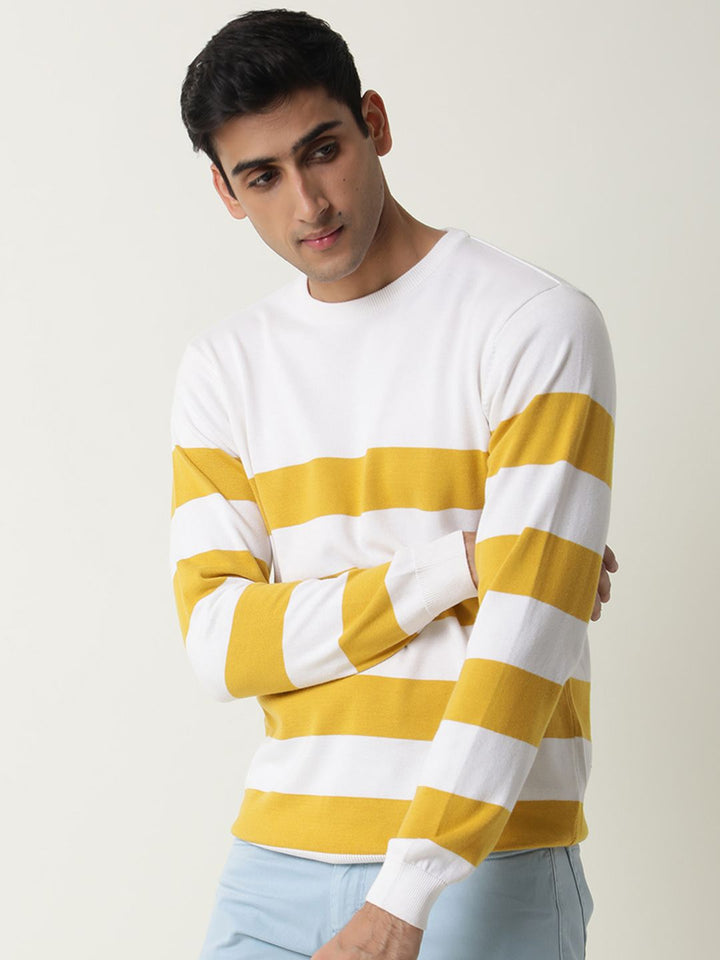 RARE RABBIT Men Marri Slim Fit White Striped Sweater