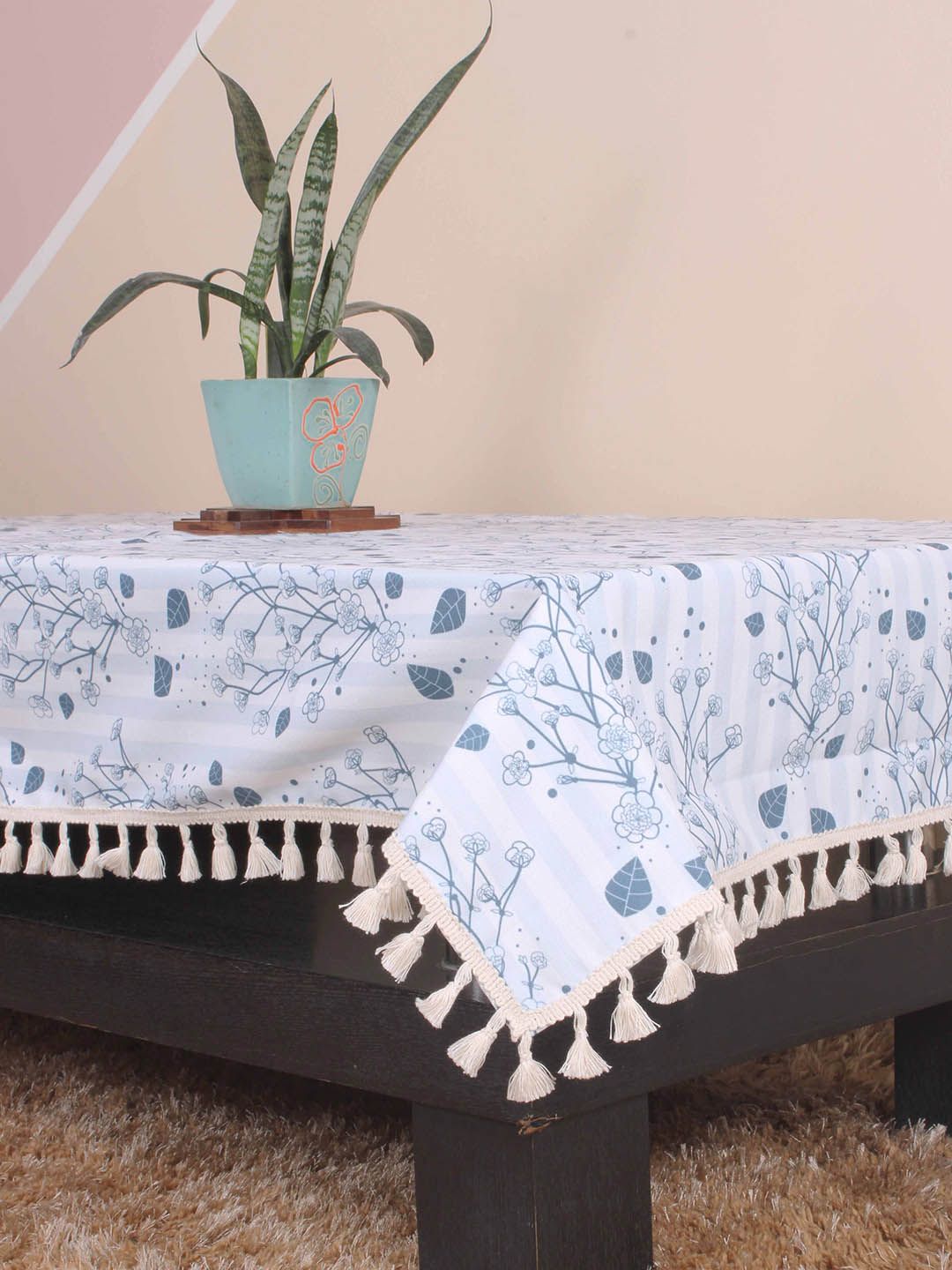 STITCHNEST Blue & White Printed Cotton Rectangular Table Cover