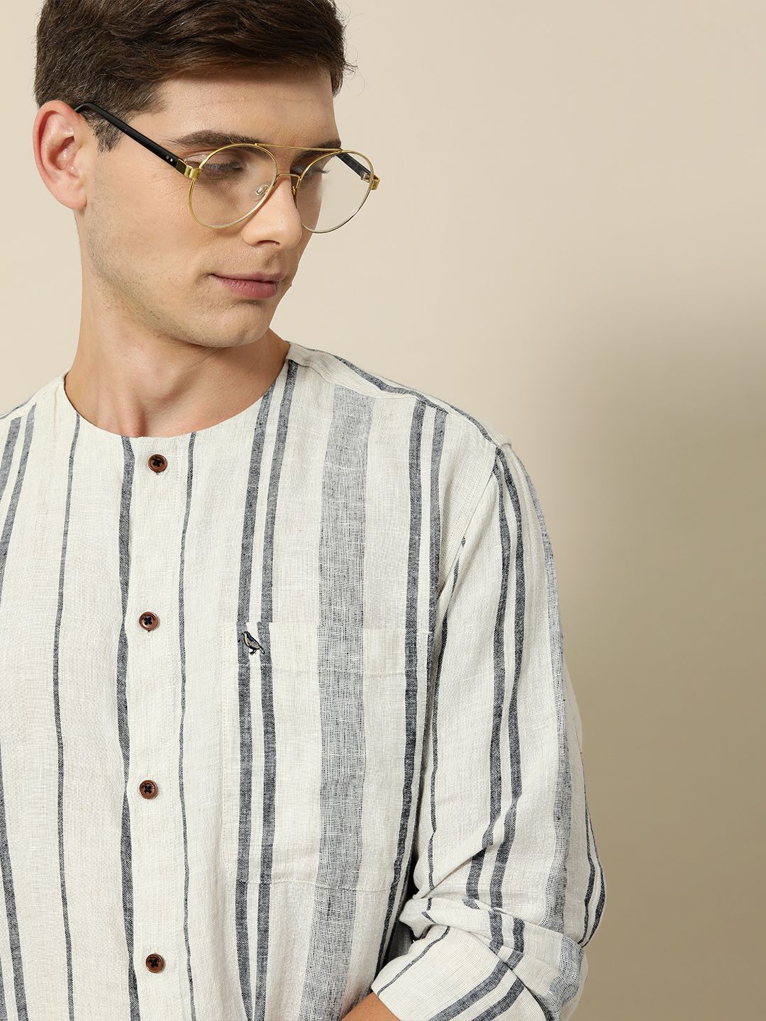 Mr Bowerbird Men White & Black Liberal Fit Striped Casual Shirt