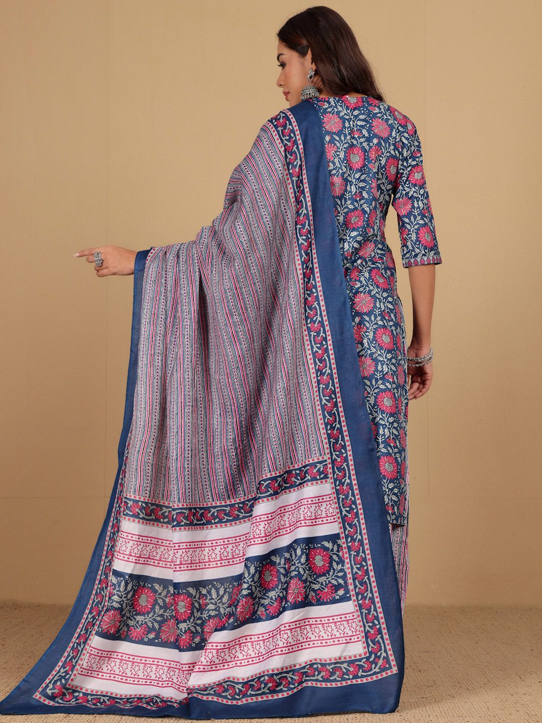 Varanga Floral Printed V-Neck Gotta Patti Kurta With Trousers & Dupatta