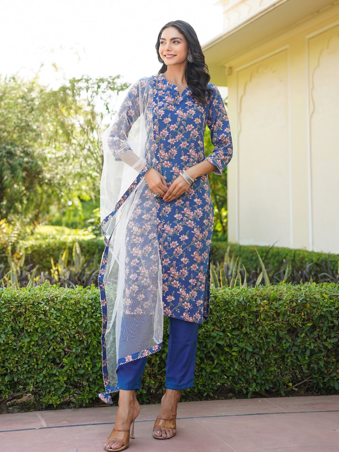 KALINI Floral Printed Gotta Patti Straight Kurta & Trousers With Dupatta