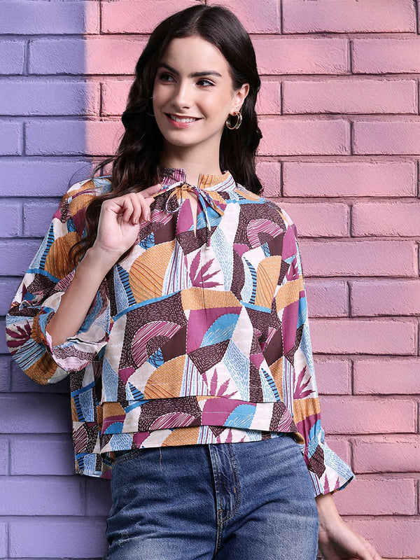 DressBerry Printed Tie-Up Neck Layered Top