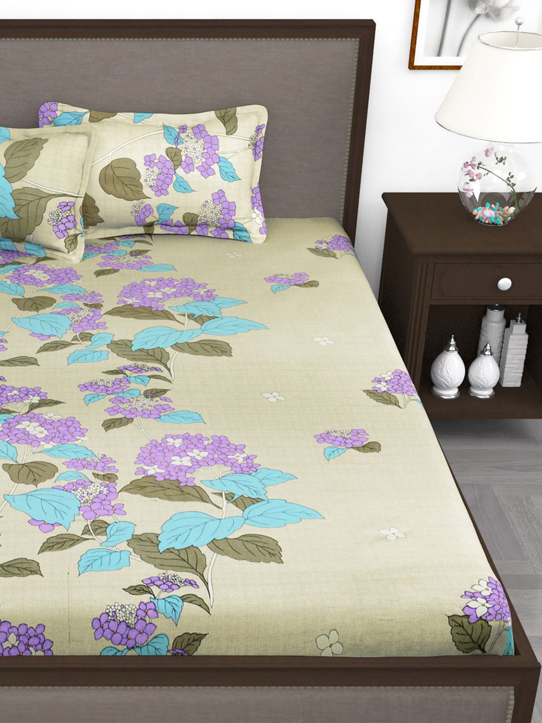 Story@home Olive Green Purple Floral 210 TC King Bedsheet with 2 Pillow Covers