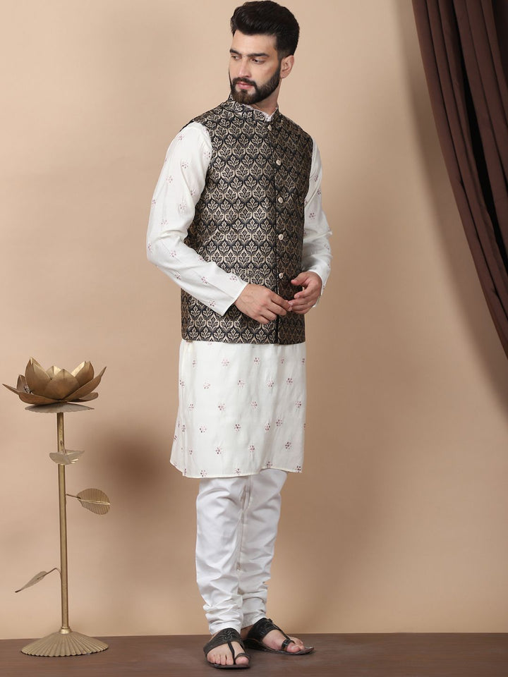 Anouk Cream-Coloured Floral Embroidered Cotton Silk Kurta with Churidar & Nehru Jacket