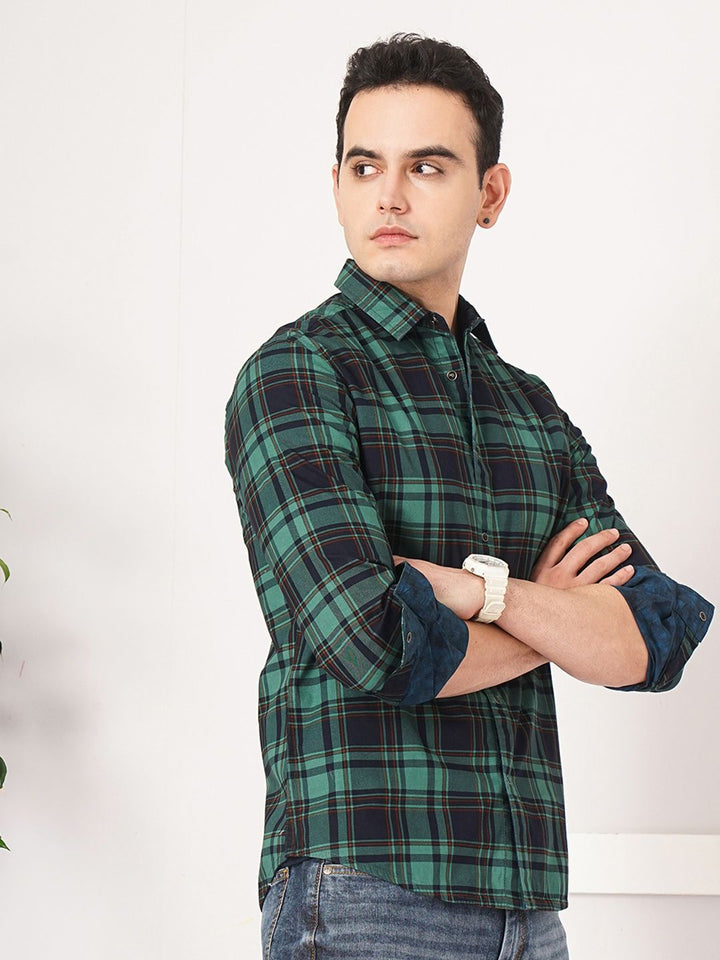 Garage India Co Green & Navy Blue Comfort Tartan diperiksa kemeja kapas terbalik