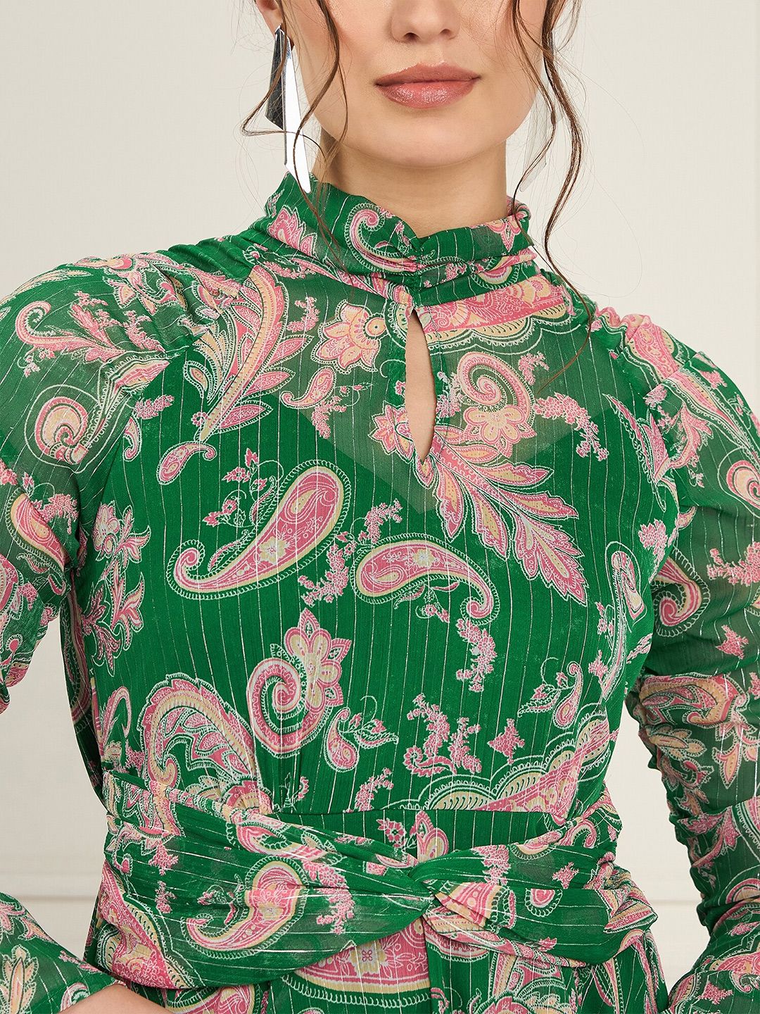 Antheaa Floral Printed Chiffon High Neck Fit & Flare Midi Dress