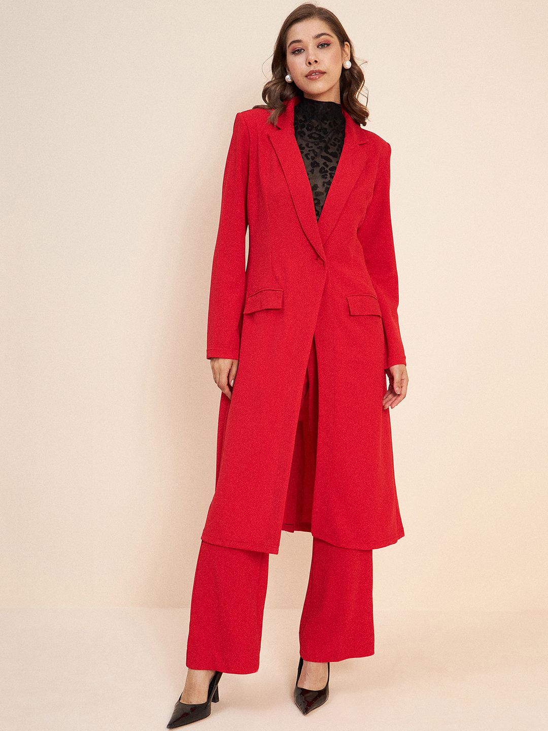 Antheaa Red Shawl Neck Long Line Coat & Trousers Co-Ords Set
