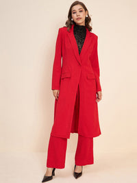 Antheaa Red Shawl Neck Long Line Coat & Trousers Co-Ords Set
