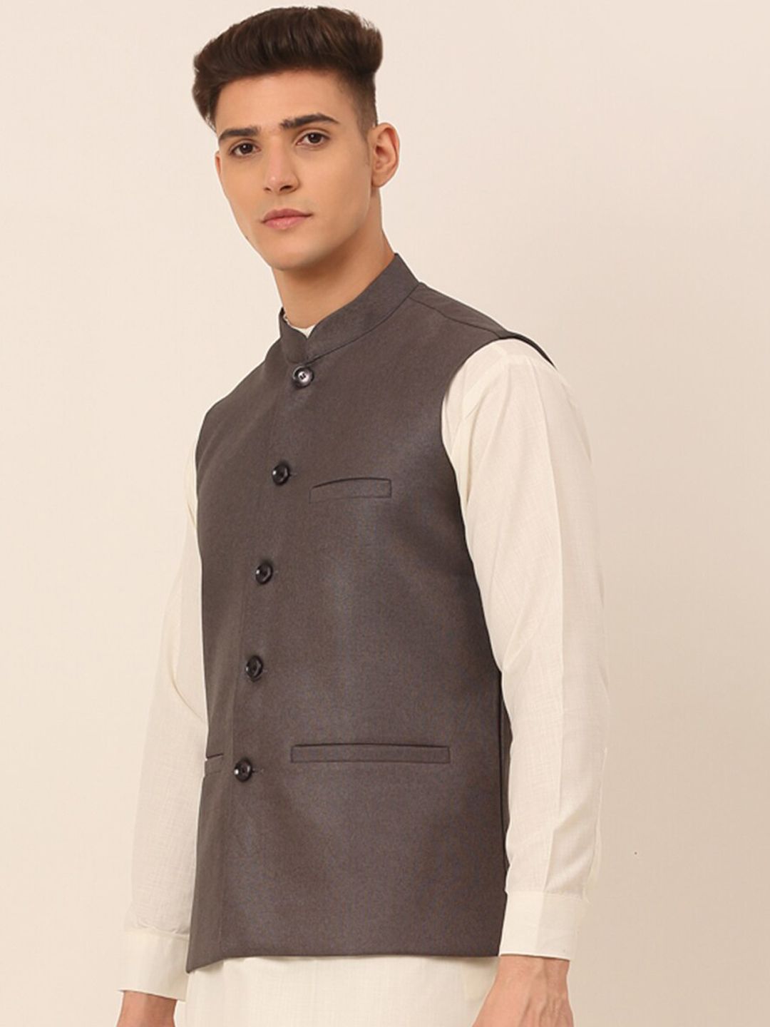 Jompers Men Charcoal Solid Nehru Jacket
