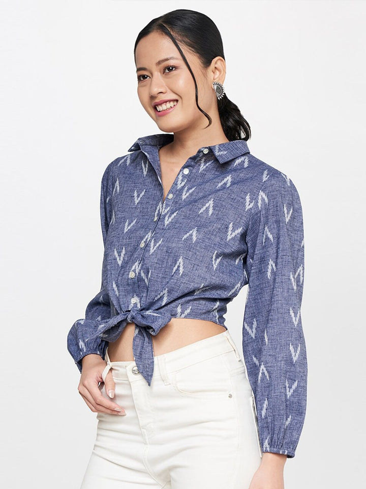 Global Desi Geometric Printed Shirt Style Waist Tie Up Pure Cotton Crop Top