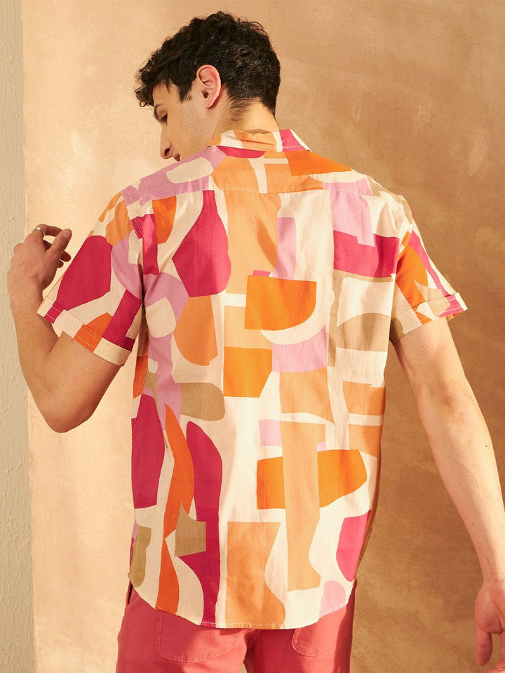 DENNISON Smart Oversized Geometric Printed Spread Collar Cotton Lightweight Shirt