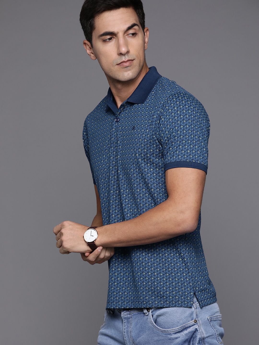 Raymond Men Blue & Green Pure Cotton Printed Polo Collar T-shirt