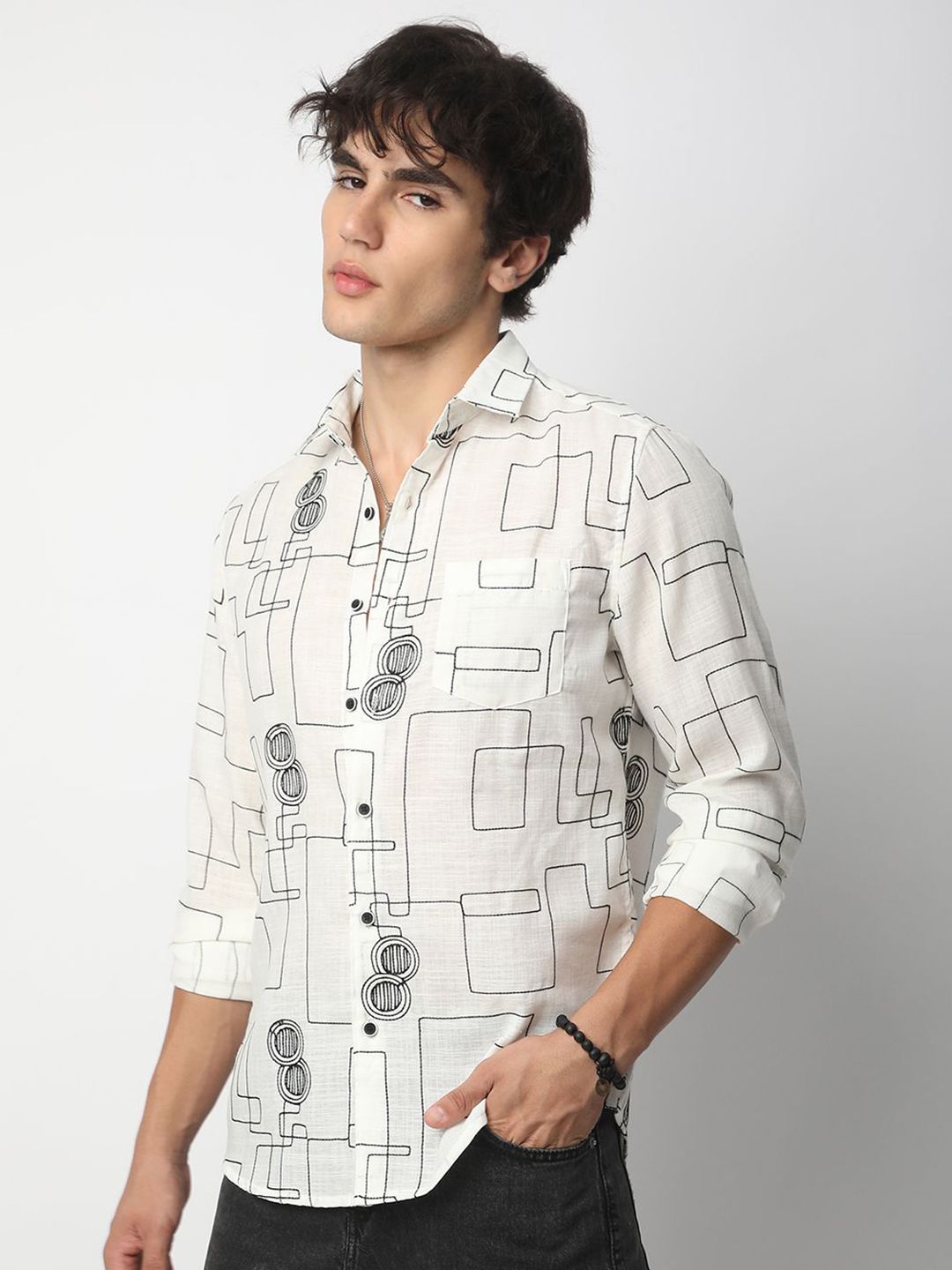 VASTRADO Men Classic Spread Collar Textured Cotton Slim Fit Casual Shirt