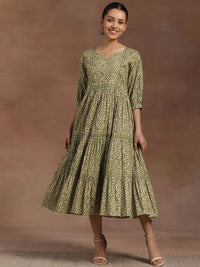 Libas Women Ethnic Motifs Print Puff Sleeve Layered A-Line Midi Dress
