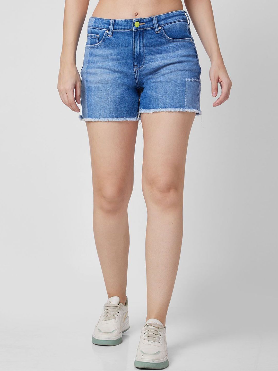 SPYKAR Women Washed Regular Fit Mid Denim Shorts