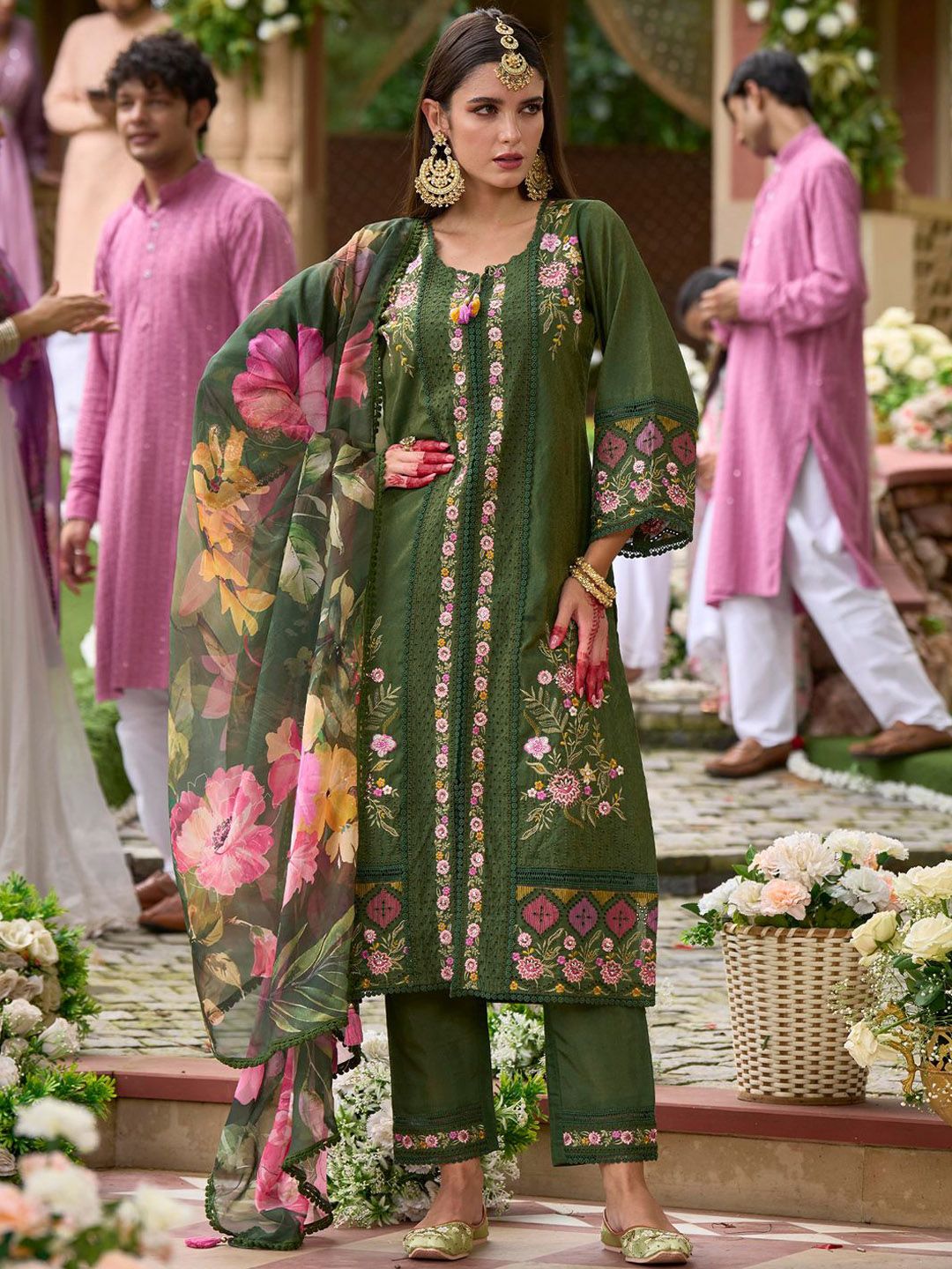 Indo Era Women Floral Embroidered Panelled Thread Work Kurta with Trousers & With Dupatta